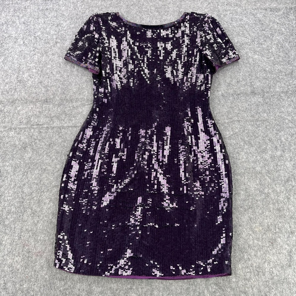 AJ Bari Dress Womens 8 Purple Sequin Silk Short Sleeve V Neck Cocktail
